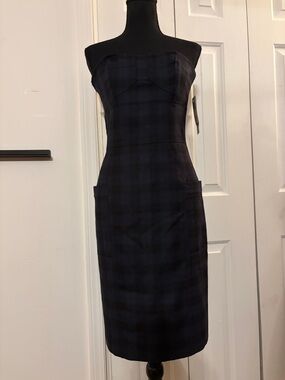 French Connection Strapless Dark Navy Plaid Sheath Dress
